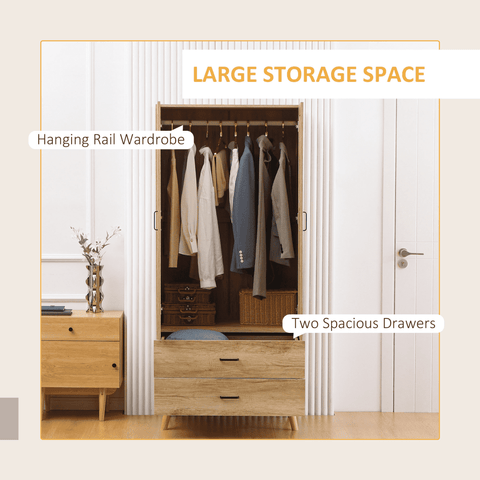 2 Door Wardrobe, Modern Wardrobe w/ 2 Drawer, Hanging Rail for Bedroom Natural