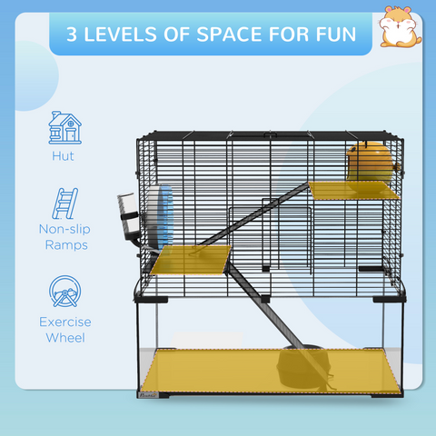 3 Tiers Hamster Cage w/ Deep Glass Bottom, Dish, Hut, 60 x 40 x 57cm
