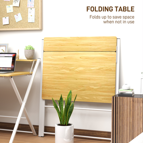 Folding Desk with 2-Tier Shelf for Home Office, Maple Wood-effect