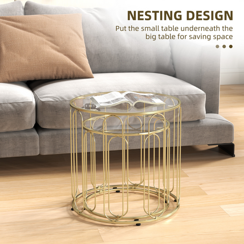 Coffee Table Set of 2, Nest of Tables with Metal Frame, Gold Tone