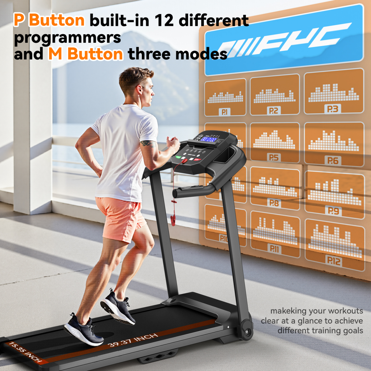 Man using a treadmill with a display showing different programming modes on a wall.
