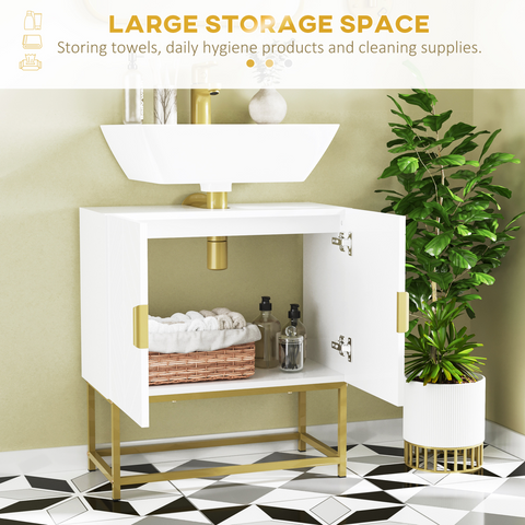 White cabinet with gold accents in a bathroom setting, featuring towels and hygiene products.