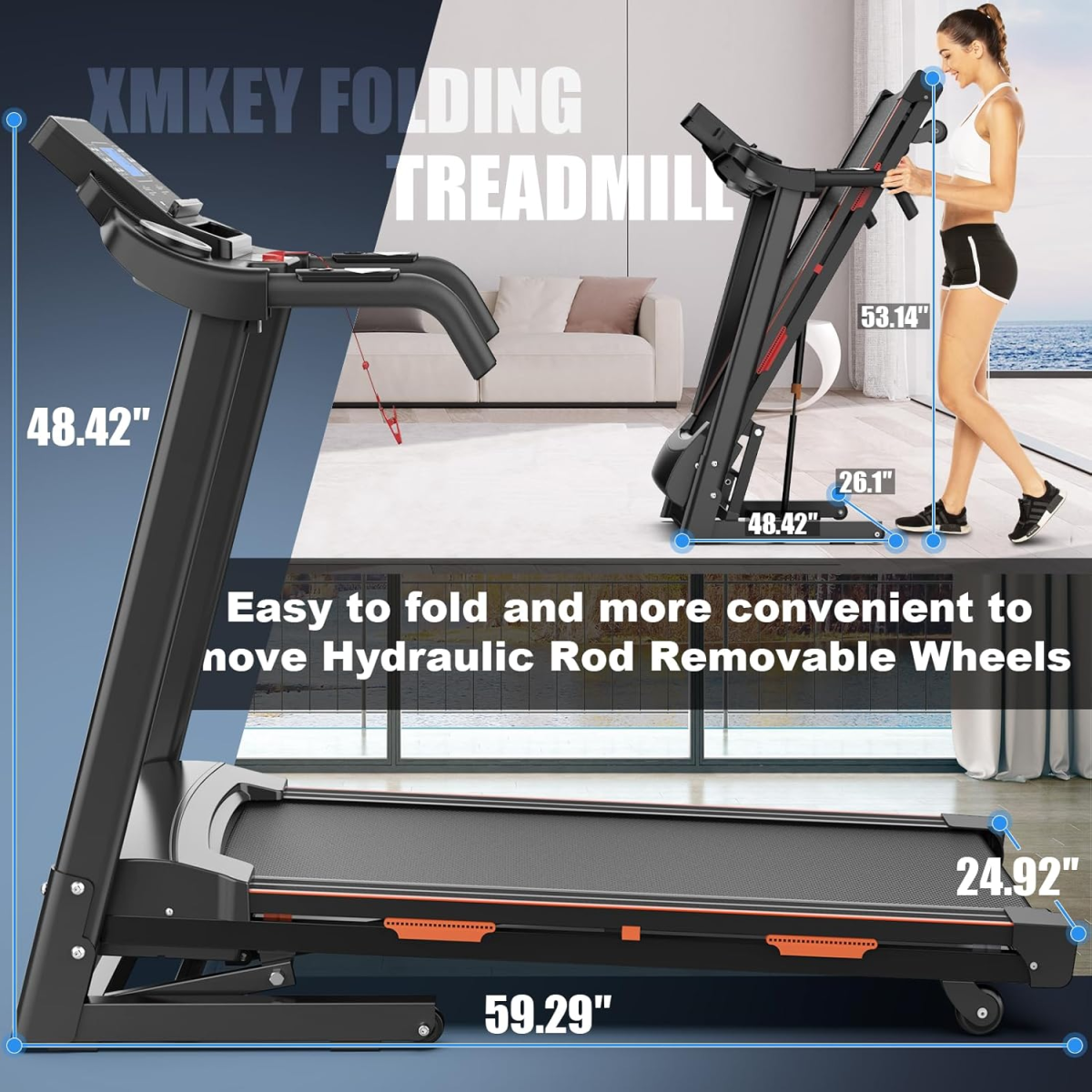 Folding treadmill with dimensions and features highlighted, including a woman using it.