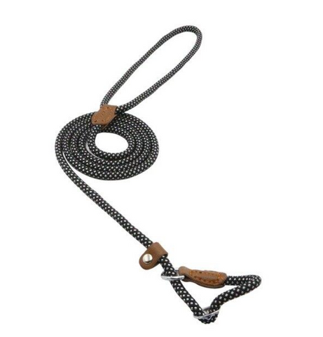 Black and white patterned dog leash with brown leather handles on a white background