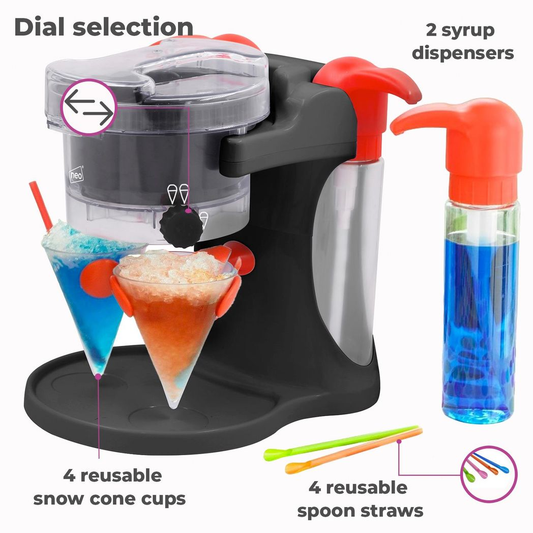 Snow cone machine with syrup dispensers, snow cone cups, and straws on a white background