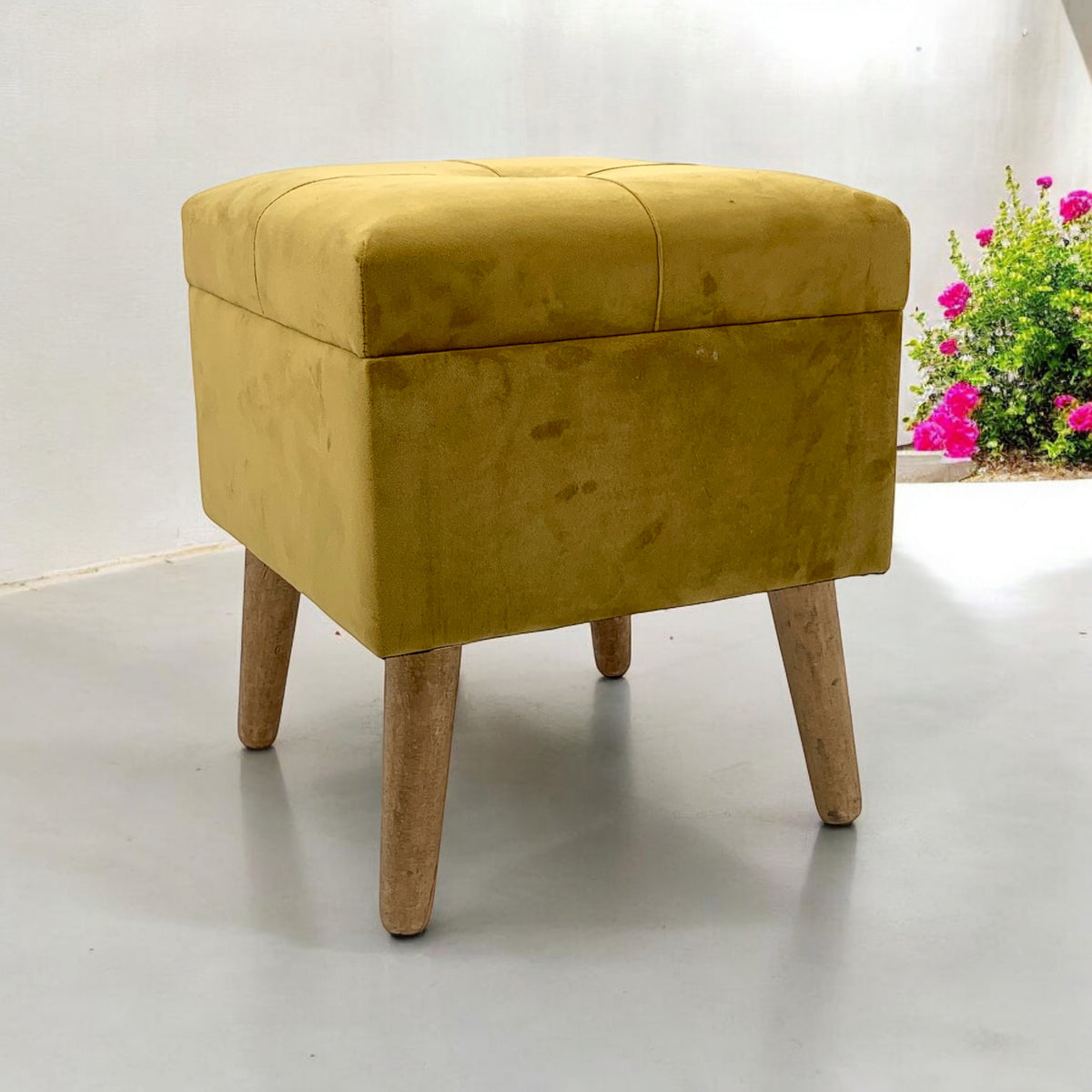 AcaciaHome Stylish & Durable Living Velvet Ottoman Footstool with Lift-Up Storage, Square Design, Traditional Pattern, Comfortable Medium Firmness for Living Room, Office or Lounge (Yellow, Square)