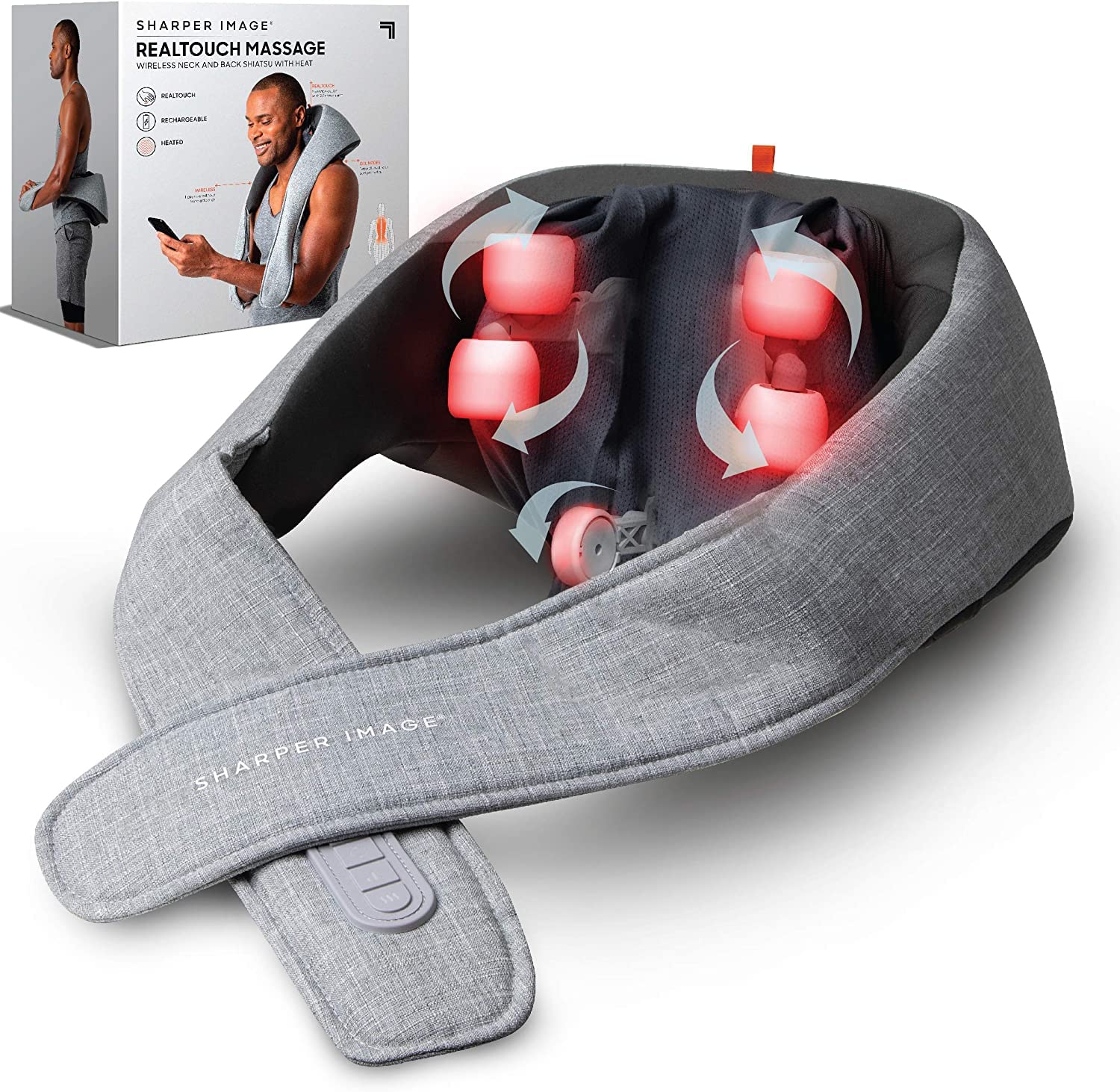 Gray neck and shoulder massager with red lights on a white background, featuring Sharper Image branding.