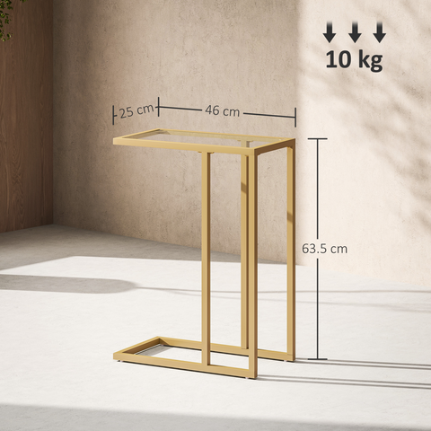 C-Shaped Side Table, End Table with Tempered Glass Tabletop, Gold