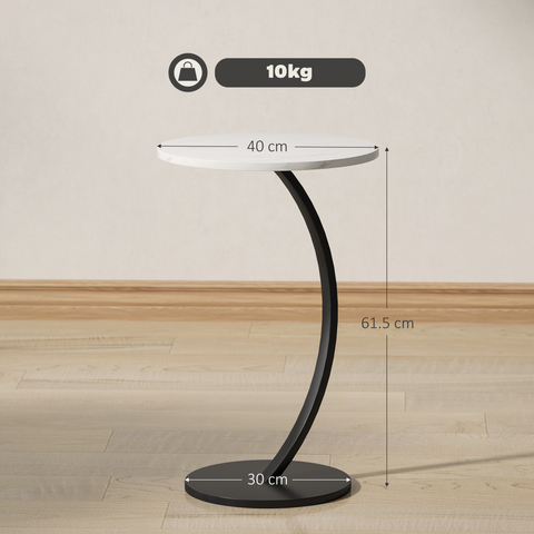 C Shaped Side Table, Round Bedside Table w/ Marble Effect Top, White