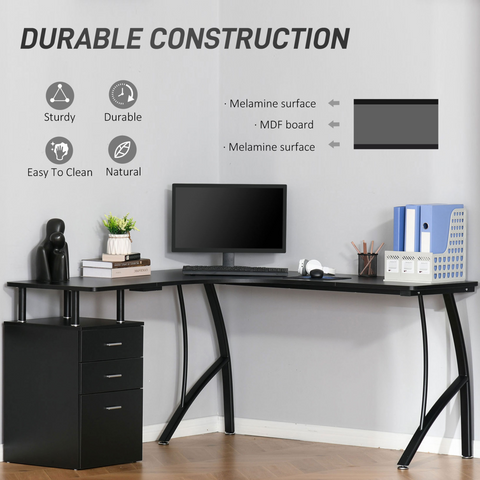 L-Shaped Corner PC Desk Table w/ Drawer Home Office Workstation, Black HOMCOM