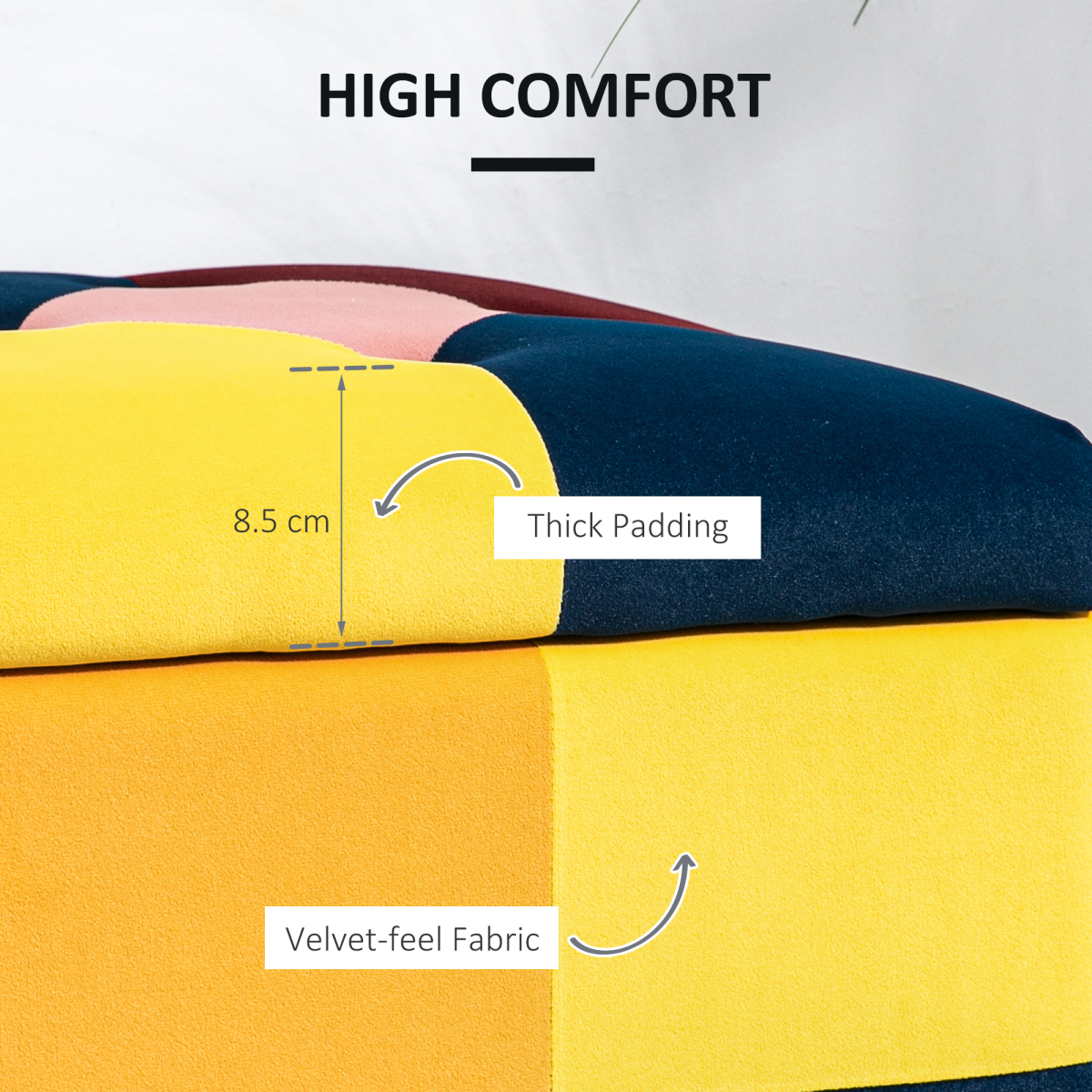 Stack of multicolored pillows with text highlighting 'High Comfort', '8.5 cm Thick Padding', and 'Velvet-feel Fabric'.