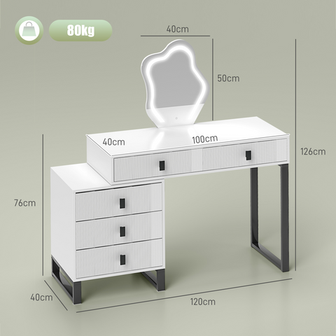 Dressing Table with LED Leaf Shape Mirror and 5 Drawers, White