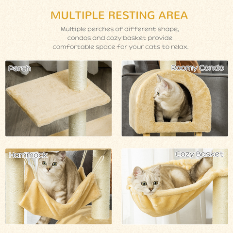 Cat Tree for Indoor Cats Scratching Post w/ Hammock House Bed Basket Pawhut