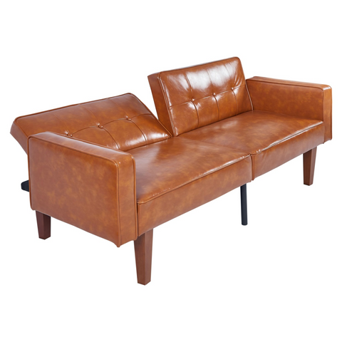 Modern PU Leather Futon Sofa with Tufted Backrest, Adjustable Reclining Couch with Wood & Metal Legs, Mid-Century Style Sofa for Living Room