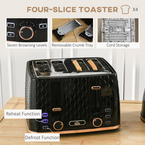 1.7L Kettle and Toaster Set with Defrost, Reheat and Crumb Tray, Black