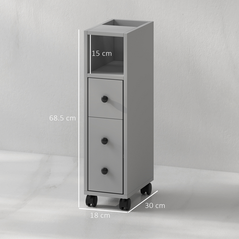 kleankin Slim Bathroom Storage with 2 Drawers, 2 Open and Wheels, Grey