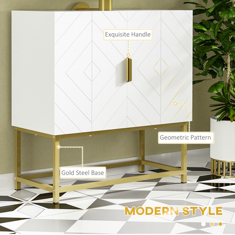 White cabinet with gold accents on a geometric patterned floor