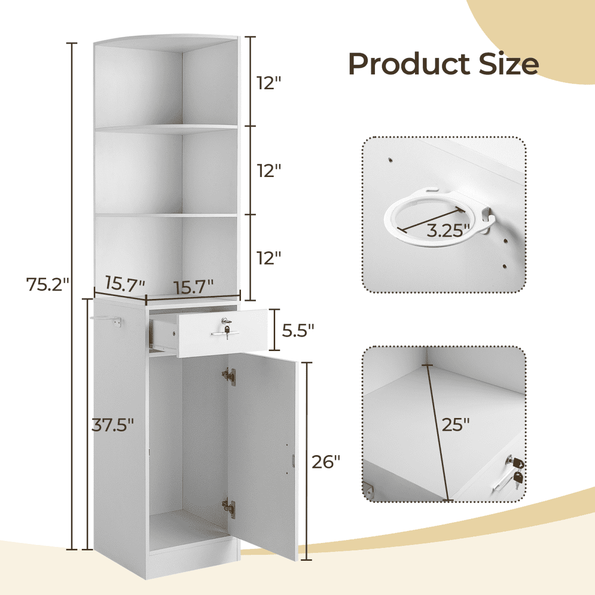 Gray storage cabinet with dimensions on a white background