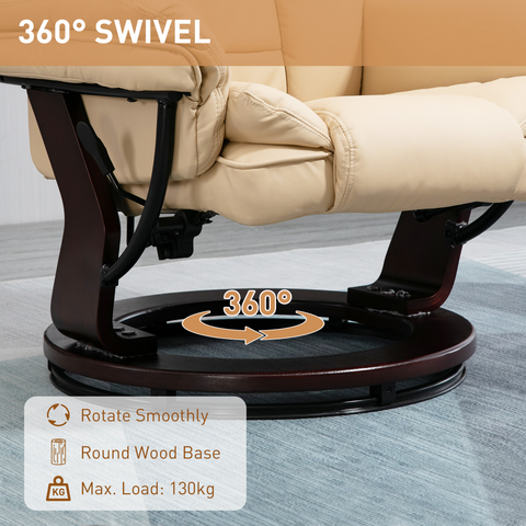 Swivel Manual Recliner and Footrest Set PU Leather Lounge Chair Beige