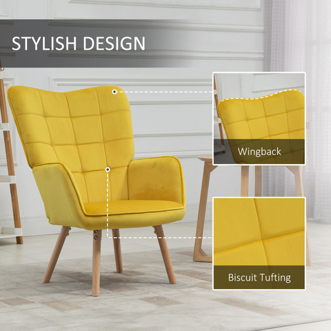 Modern Accent Chair Velvet-Touch Tufted Wingback Armchair, Yellow