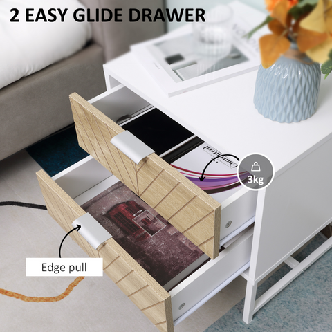 Modern Bedside Table with 2 Drawers, Sofa Side Table for Bedroom, White and Oak