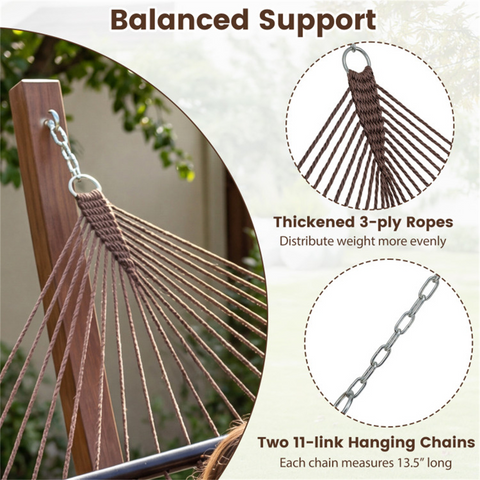 2-Person Polyester Caribbean Hammock with Hardwood Spreader Bars, 600lbs Weight Capacity Double Hammock for Patio Garden-Brown