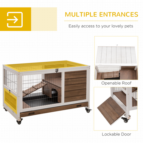PawHut Wood Indoor Rabbit Hutch Elevated 2-Floor Guineas Pigs Cage w/ Wheels and with openable Roof