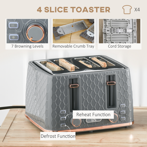 1.7L Kettle and Toaster Set with Defrost, Reheat and Crumb Tray, Grey