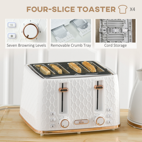 1.7L Kettle and Toaster Set with Defrost, Reheat and Crumb Tray, White
