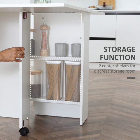 Kitchen Folding Desk Mobile Drop Leaf Dining Table Wheel Storage Shelves White