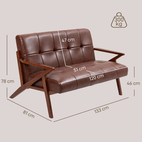 Brown leather sofa with dimensions and weight capacity indicated on a light gray background