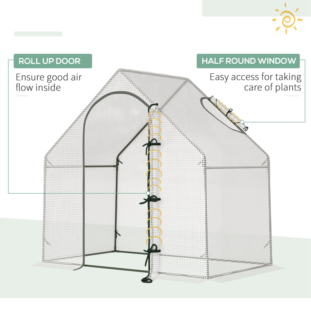 Small greenhouse with roll-up door and half-round window on a white background