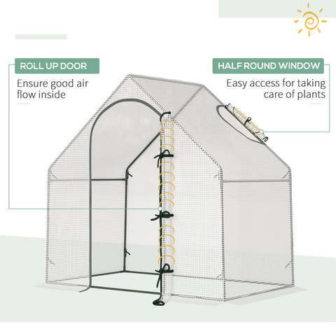 Small greenhouse with roll-up door and half-round window on a white background