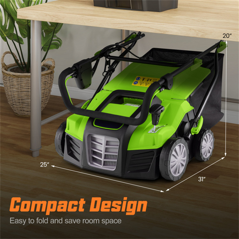 Corded Electric Lawn Dethatcher with 16-Inch Cutting Width, Wear-Resistant Wheels & Large Removable Grass Bag for Home Lawn - Green