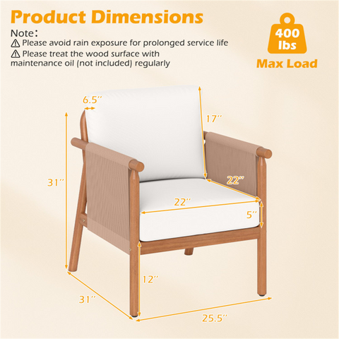 Measurement chart of a wooden chair with dimensions and weight capacity on a beige background