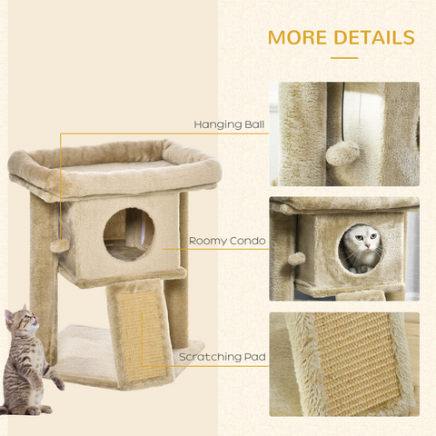 Cat Tree Tower W/ Jute Scratching Pad, Toy Ball, Cat House 66x38x88 cm - Coffee