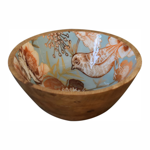 Artisan Furniture Solid Wood Floral Bird Bowl Set of 2, Beige