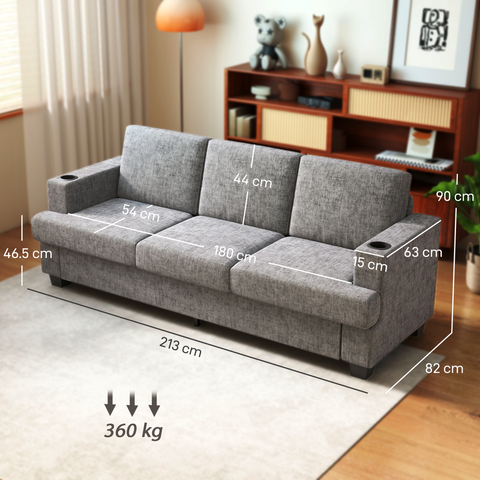 3 Seater Sofa, Fabric Sofa with USB Ports and Cup Holders, Grey