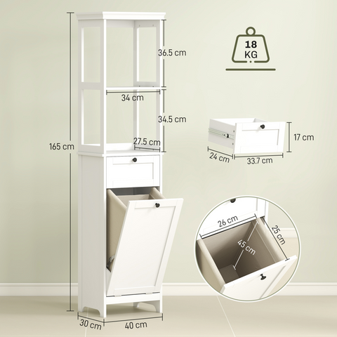 Slim Bathroom Storage Unit with Tilt-Out Laundry Cabinet Drawer White
