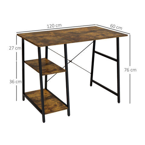 Computer Table Wor Desk with Shelves & Steel Frame, Rustic Brown