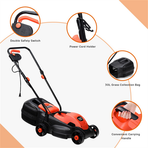 13-Inch Electric Lawn Mower with 8 Gal Grass Collection Box, 3 Adjustable Cutting Heights, Lightweight 15.5LBS Push Mower for Garden - Red