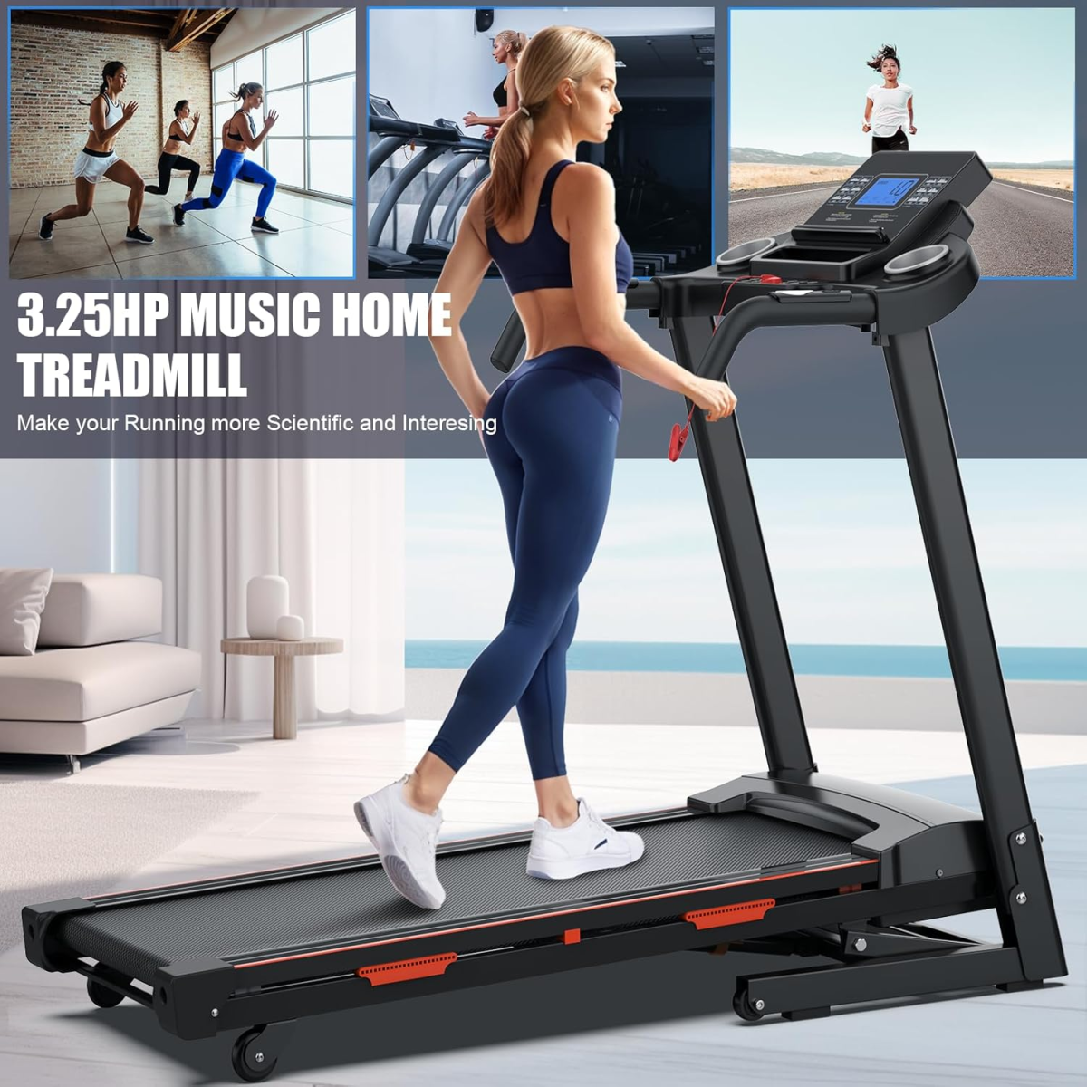Woman using a treadmill with promotional text about its features.
