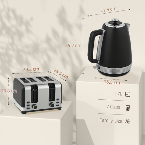 1.7L 3000W Quick Boil Kettle and 4 Slice Toaster Set Crumb Tray Black
