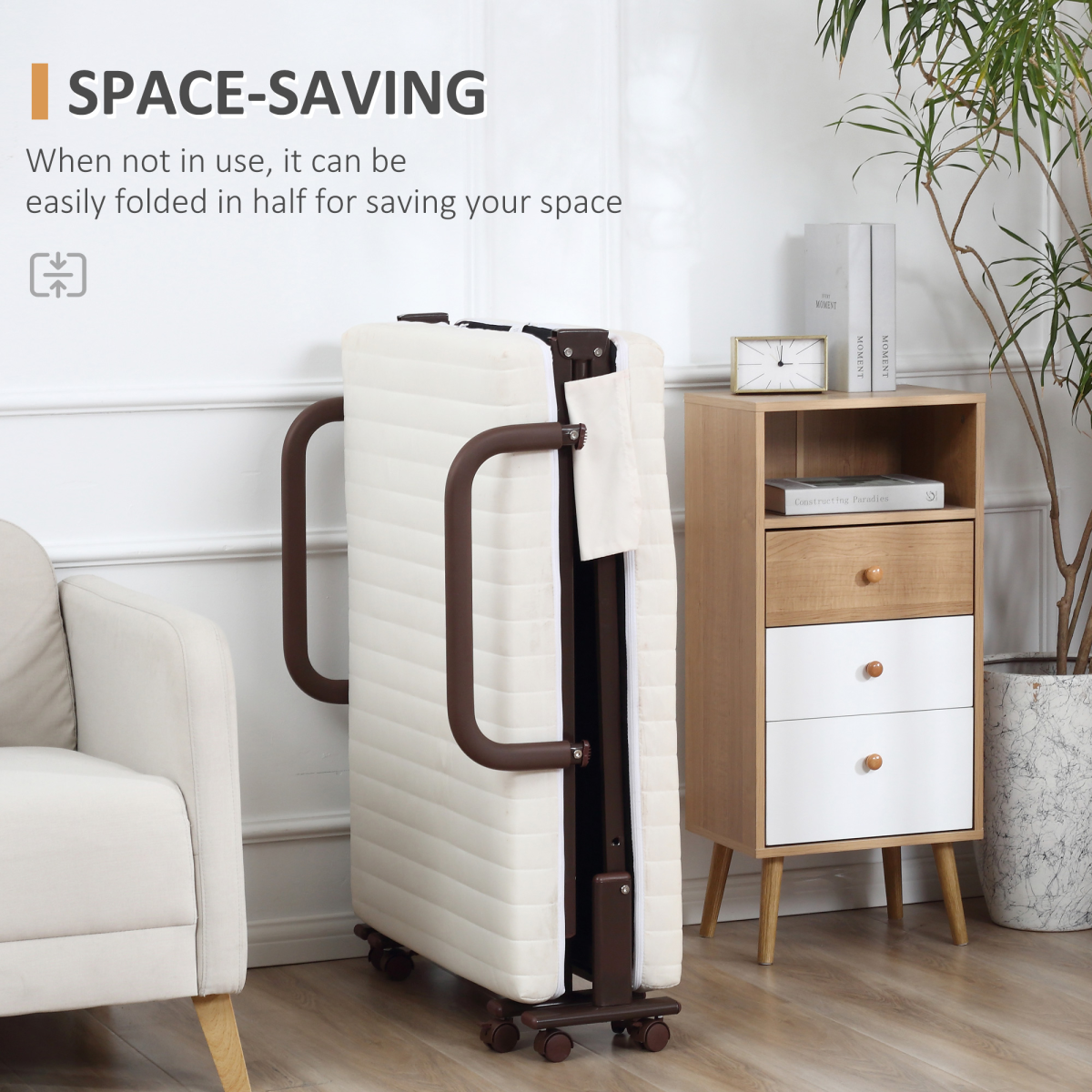 Foldable mattress in a living room setting with text about space-saving.