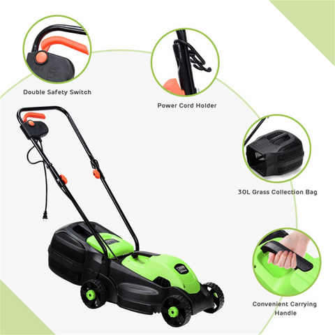 13-Inch Electric Lawn Mower with 8 Gal Grass Collection Box, 3 Adjustable Cutting Heights, Lightweight 15.5LBS Push Mower for Garden - Green