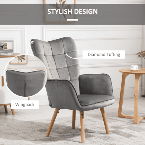Modern Accent Chair Velvet-Touch Tufted Wingback Armchair Grey
