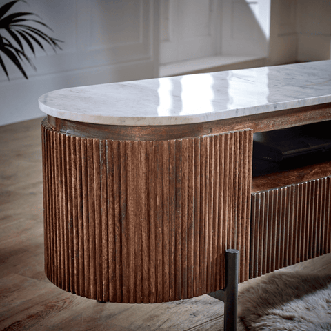 Opal Mango Wood Large Tv Stand With Marble Top & Metal Legs