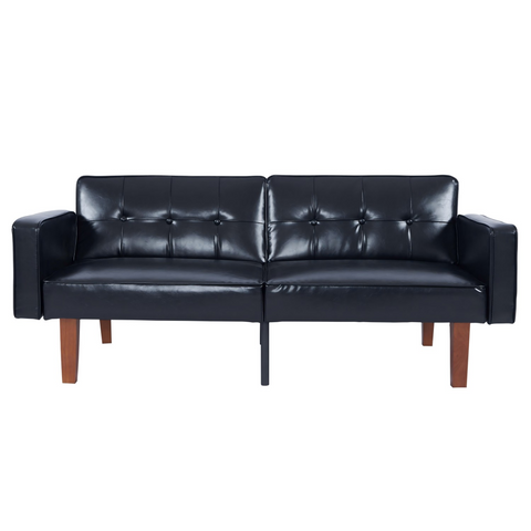 Modern PU Leather Futon Sofa with Tufted Backrest, Adjustable Reclining Couch with Wood & Metal Legs, Mid-Century Style Sofa for Living Room