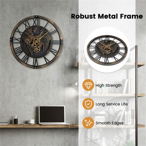 Brown Gear Wall Clock with World Map, 27" Large Non-Ticking Quartz Movement Decorative Home Clock