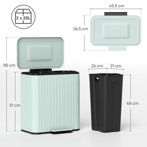 2 x 20L Double Rubbish Bin, Pedal Bin with Soft-Close Lid, Green